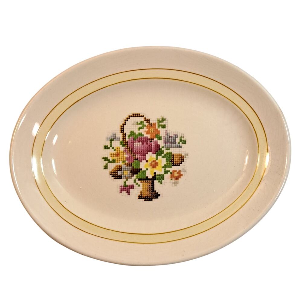 Vintage Victory Salem China Cross Stitch Pattern Oval Small Plate White 8 Inch